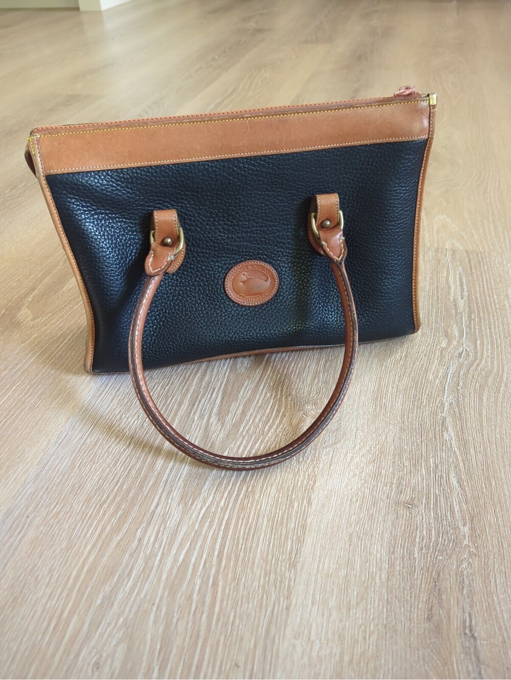 Vintage Dooney Bourke Classic Satchel Handbag, All Weather Leather Black Brown